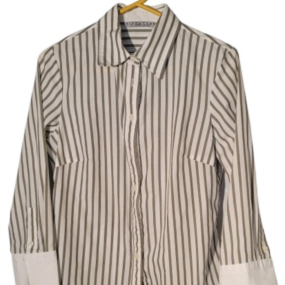 Larry Levine Signature White & Olive Green Striped Blouse Cotton Blend Size S